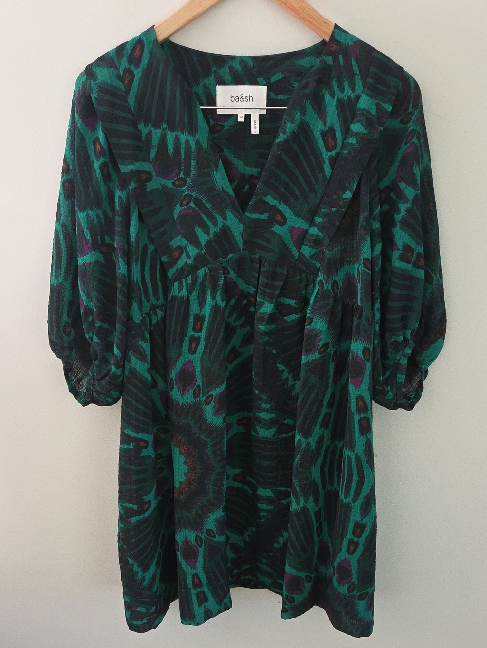 NWT ba&sh Cleo Dress Green, Purple and Black Abstract Lined Midi Dress